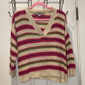 LOFT Cream V-Neck Sweater with Pink and Olive Stripes